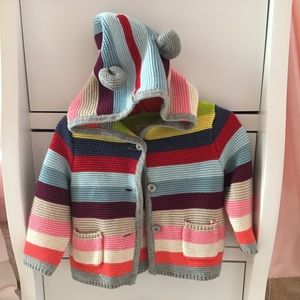 Colorful knit sweater with hooded ears